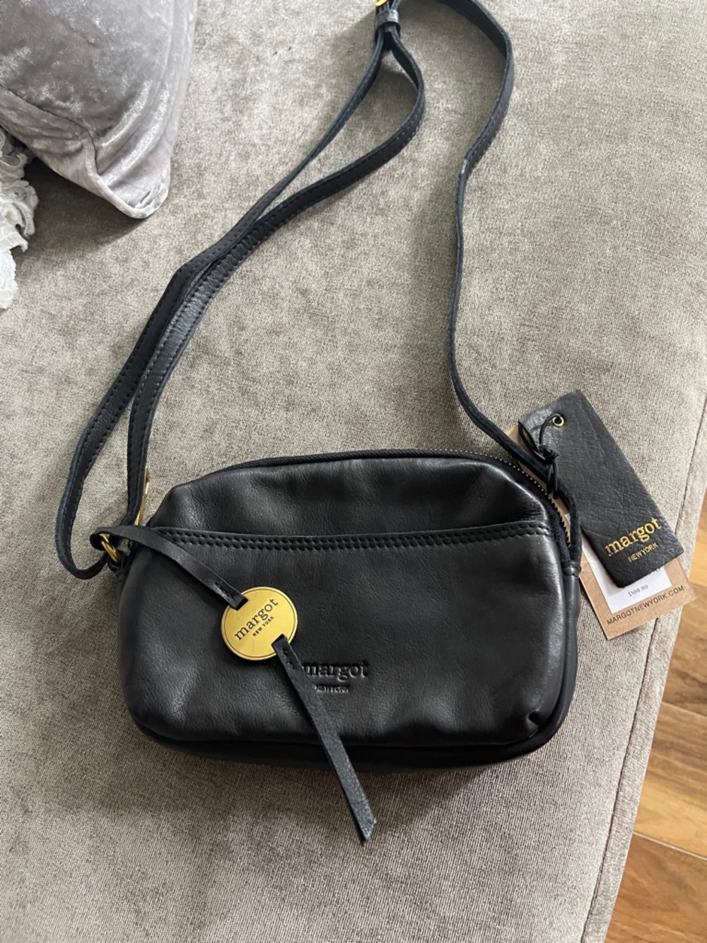 margot Black Leather Crossbody Bag with Gold Accent